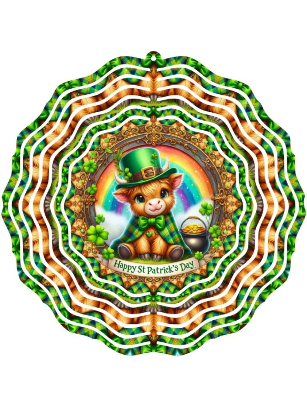 St Patricks Day Wind Spinner 10" Metal Highland Cow Outdoor Garden Kinetic Art